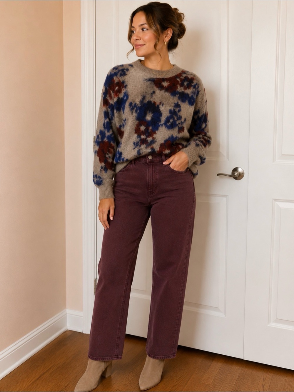 Club Monaco Floral Sweater - Beige, Blue, and Red
